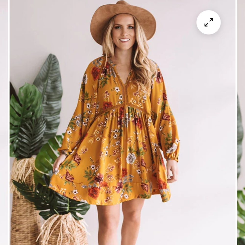 Umgee Mustard Floral Long Sleeve Dress